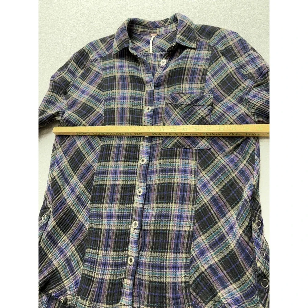 Free People Shirt Womens XS Purple Plaid Button Front Frayed Hem Tunic‎ Top